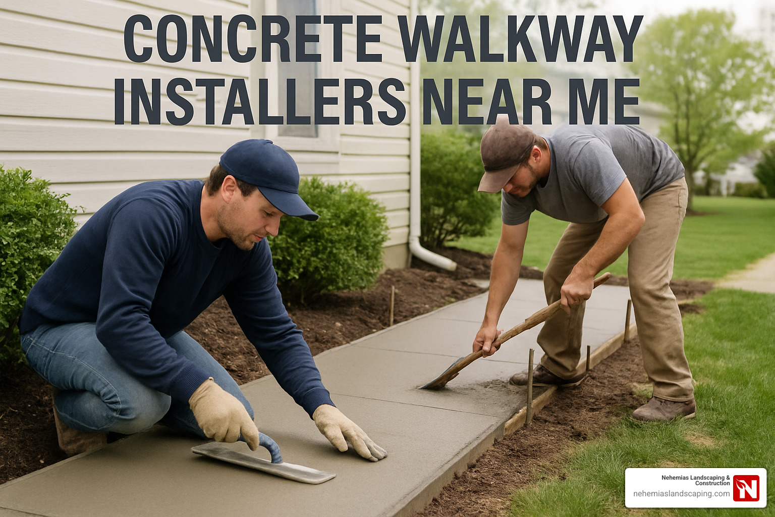 Concrete walkway installation by two workers, one smoothing the surface with a trowel and the other leveling the concrete, with "Concrete Walkway Installers Near Me" text overlay, representing Nehemias Landscaping & Construction services.