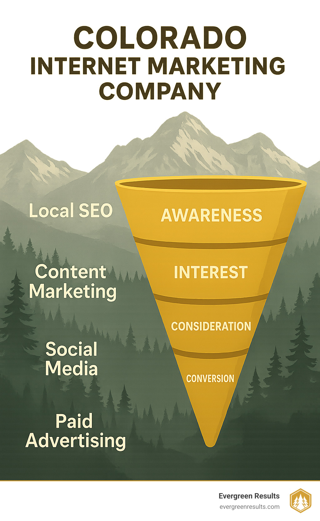 Colorado internet marketing company showing services from local SEO to paid advertising with a mountain backdrop overlay, featuring a funnel diagram showing the customer journey from awareness to conversion with specific Colorado marketing tactics at each stage - colorado internet marketing company infographic 