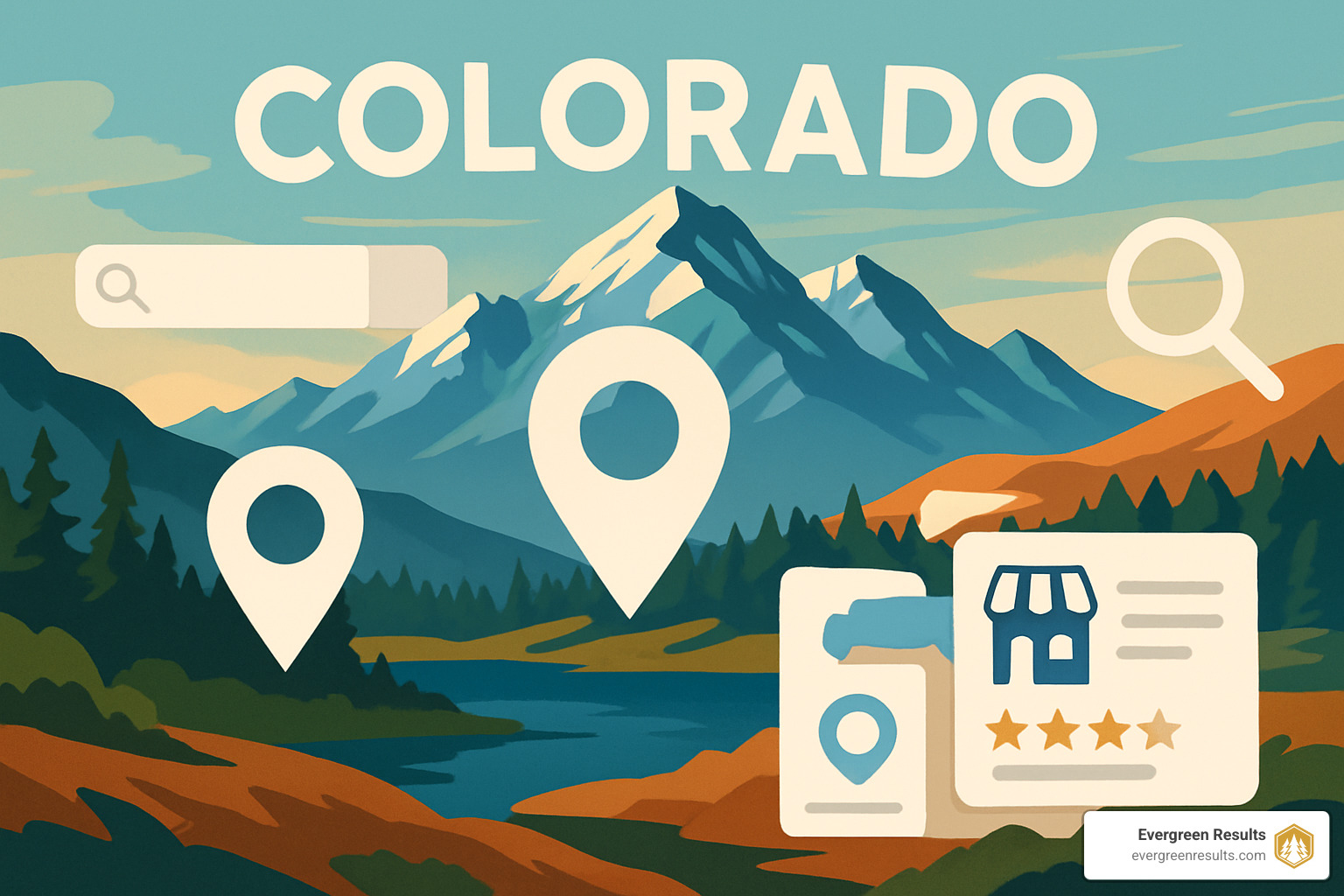 Colorado digital marketing landscape showing mountains with search icons and local business listings - colorado internet marketing company