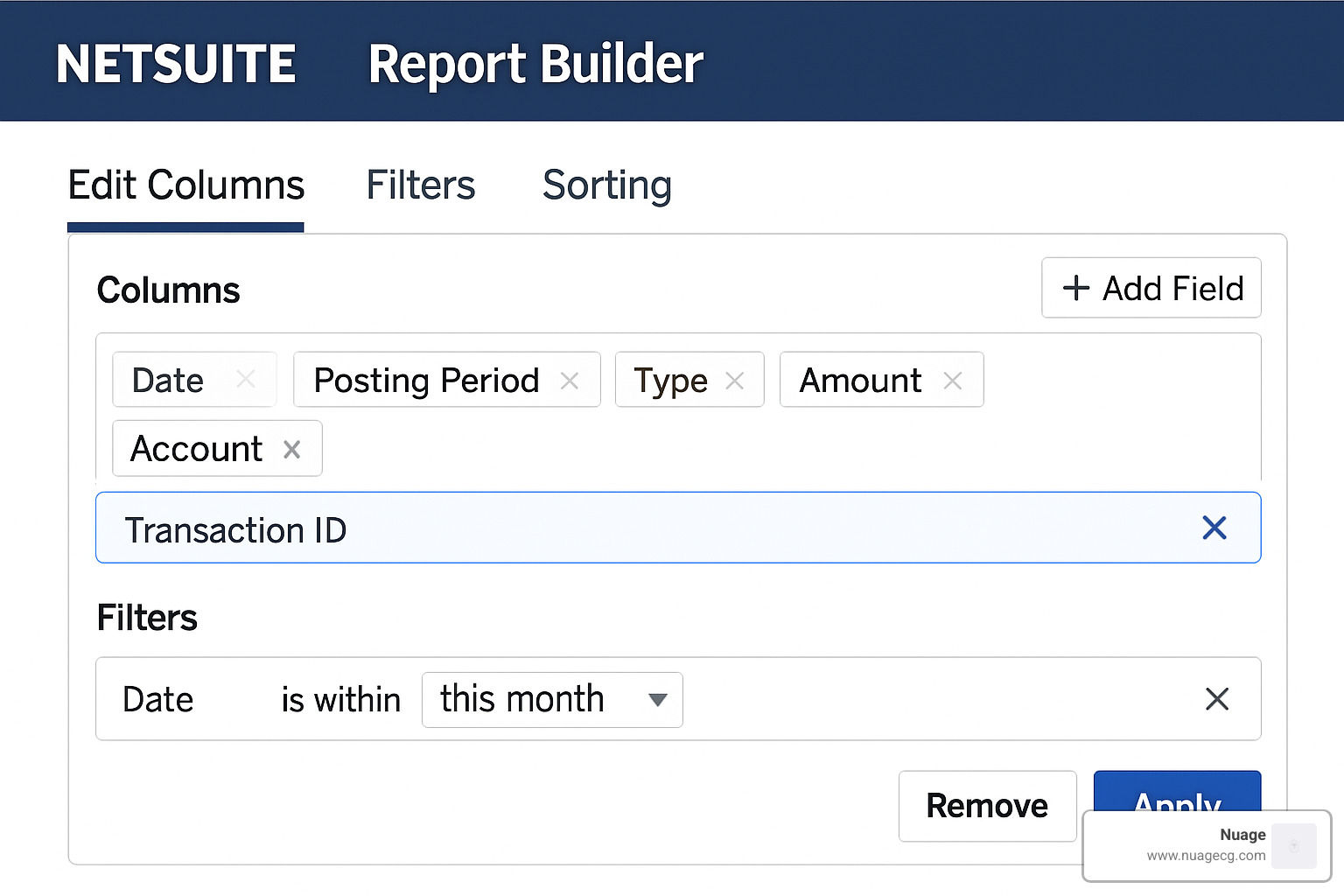 Report Builder interface in NetSuite for customizing the GL detail report