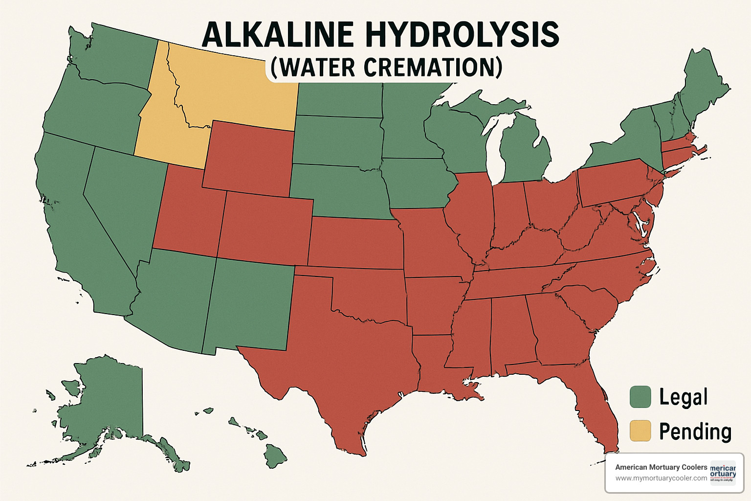 Map showing legal status of alkaline hydrolysis across different states - cremation systems