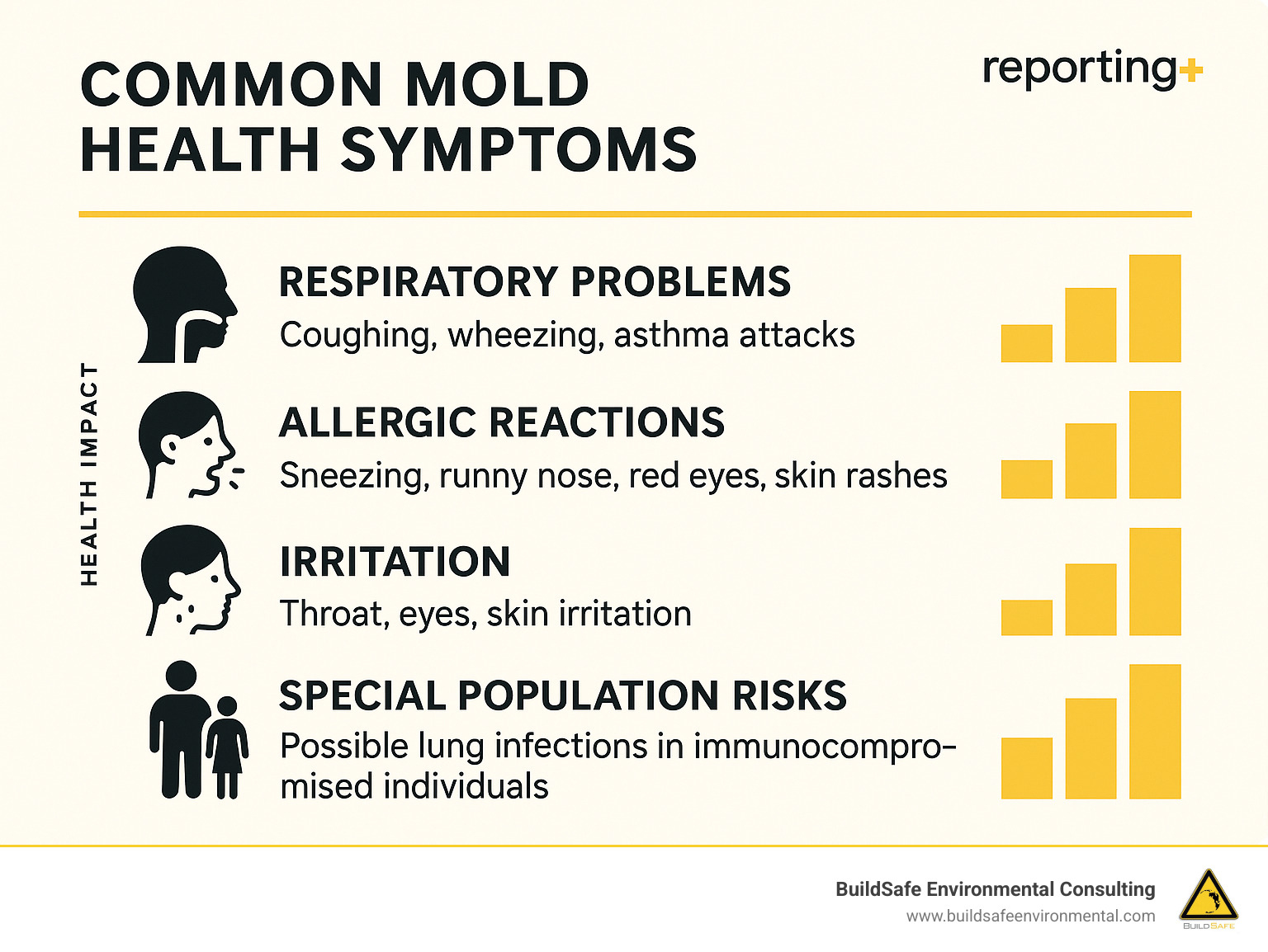 Common mold health symptoms showing respiratory problems, allergic reactions, irritation symptoms, and special population risks with corresponding health impact levels - mold in the home health risks infographic 