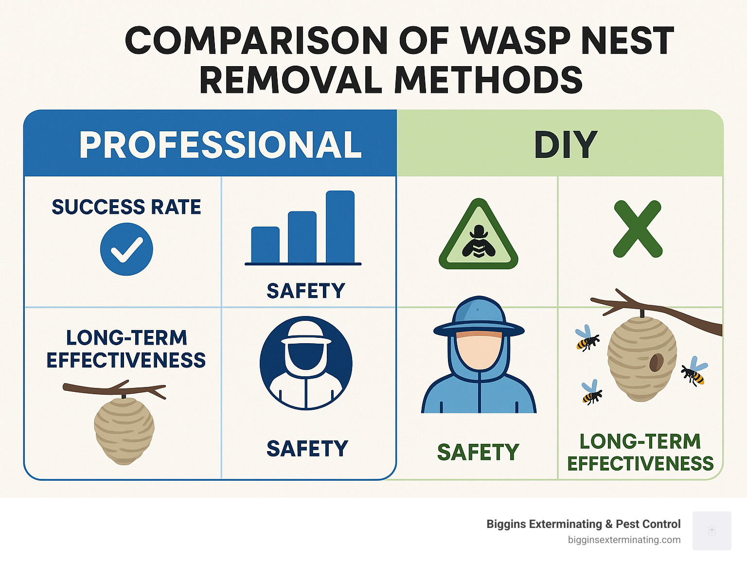 Comparison of wasp nest removal methods showing professional vs DIY success rates, safety factors, and long-term effectiveness - professional wasp removal infographic