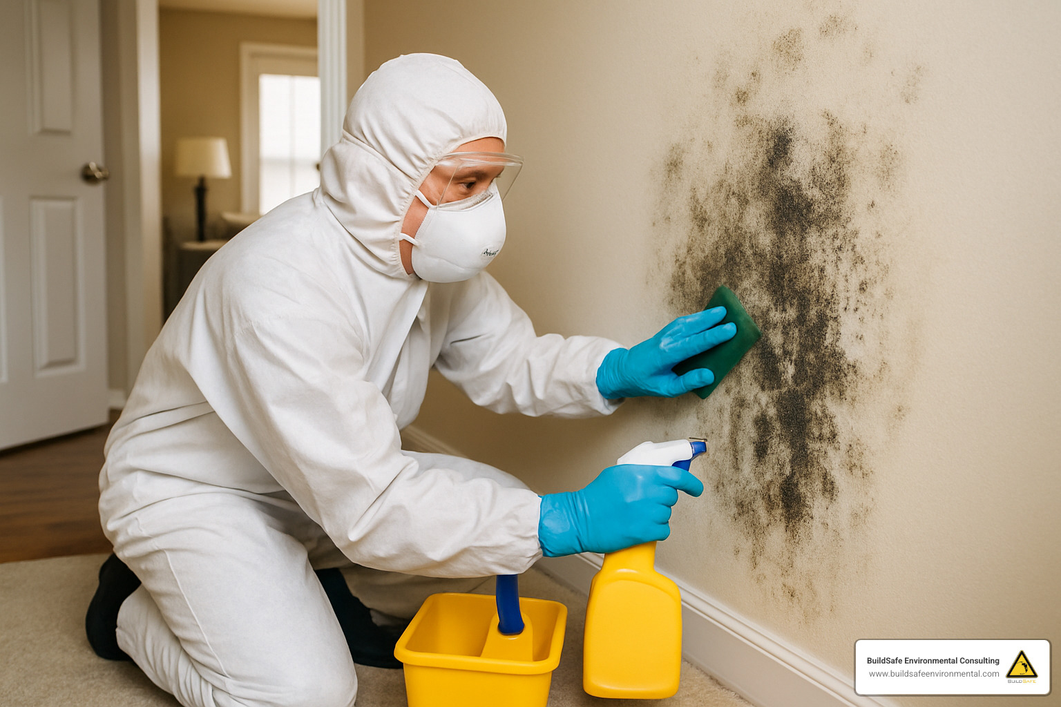 person wearing N-95 mask cleaning mold - mold in the home health risks