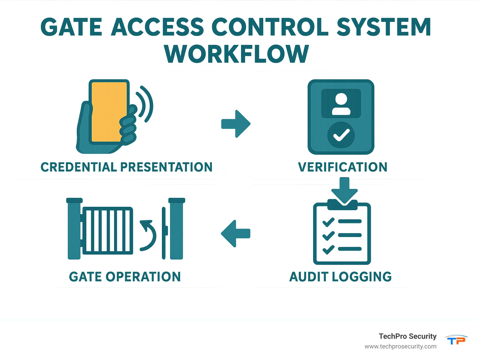 Gate access control system workflow showing credential presentation, verification, gate operation, and audit logging - access control system for gates infographic 