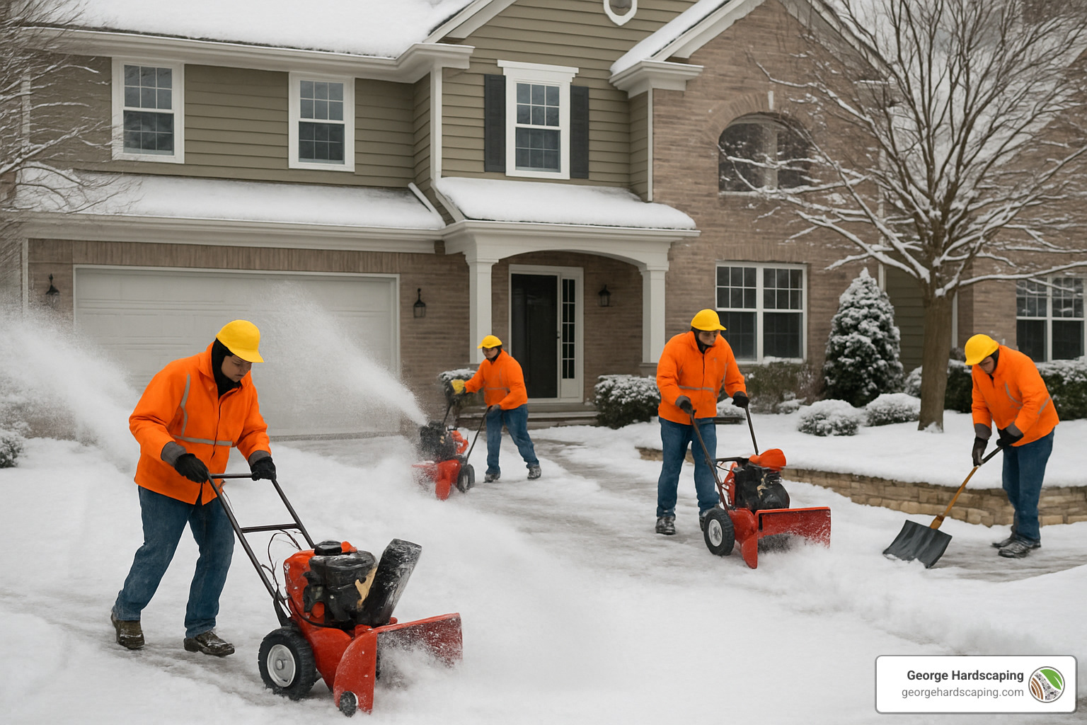 snow removal crew clearing residential property - snow removal service near me