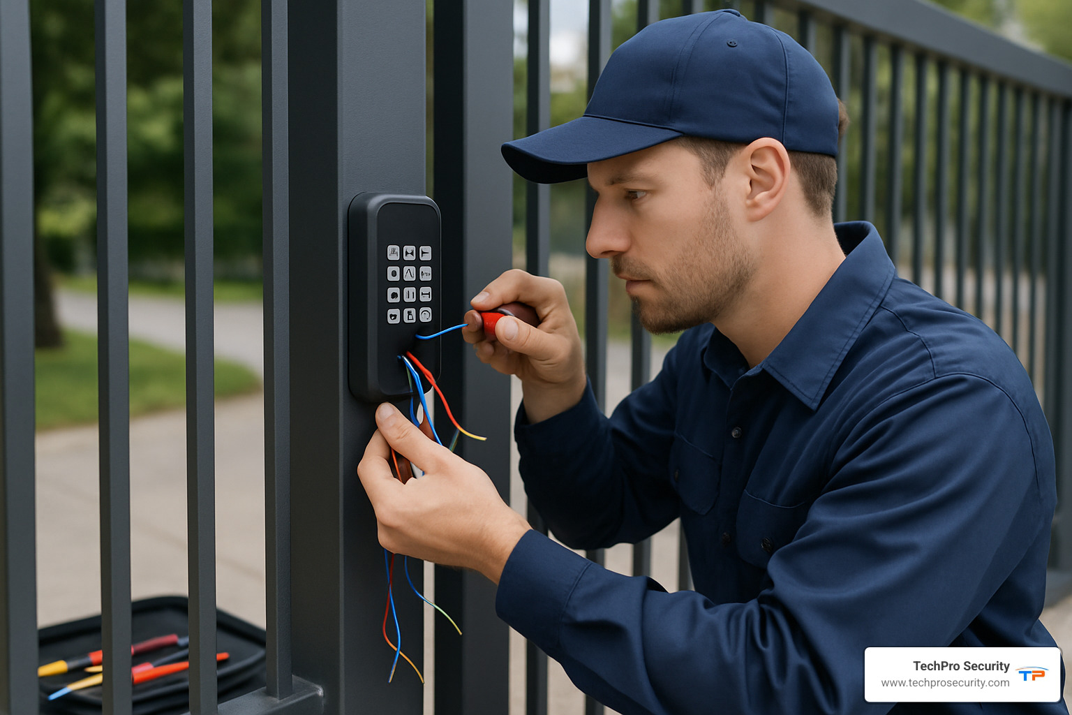 Technician installing access control reader at gate - access control system for gates