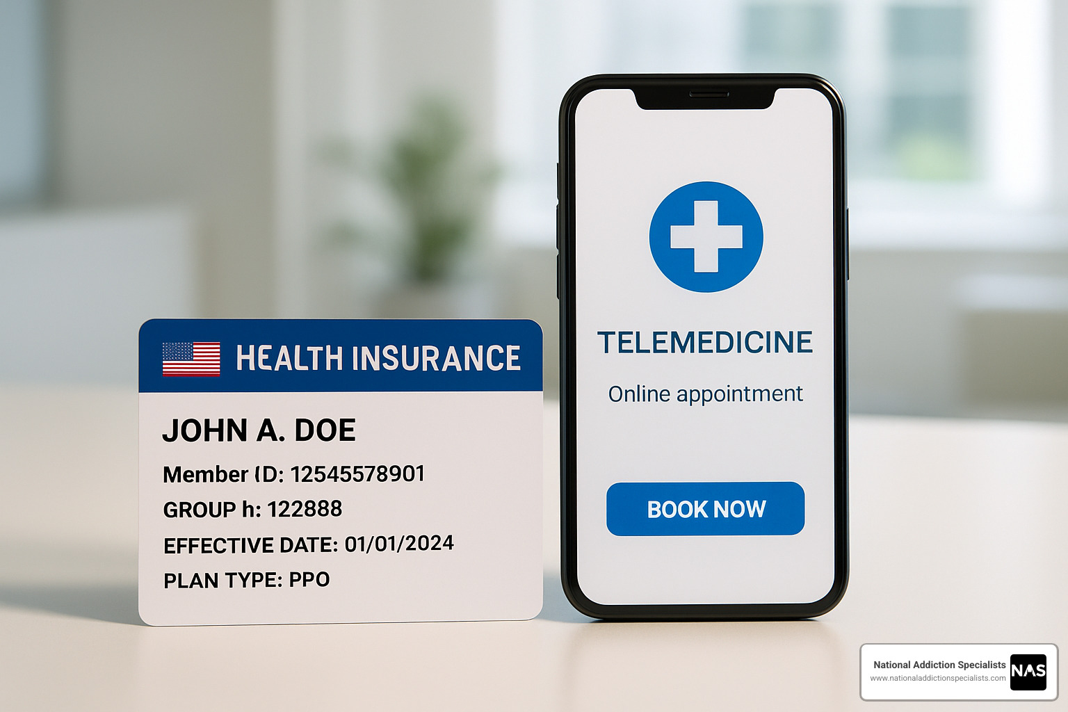 insurance card and smartphone for online opioid treatment - same day suboxone treatment online