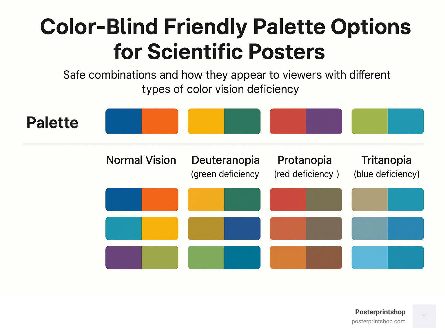 Color-blind friendly palette options for scientific posters showing safe combinations and how they appear to viewers with different types of color vision deficiency - conference poster design infographic 