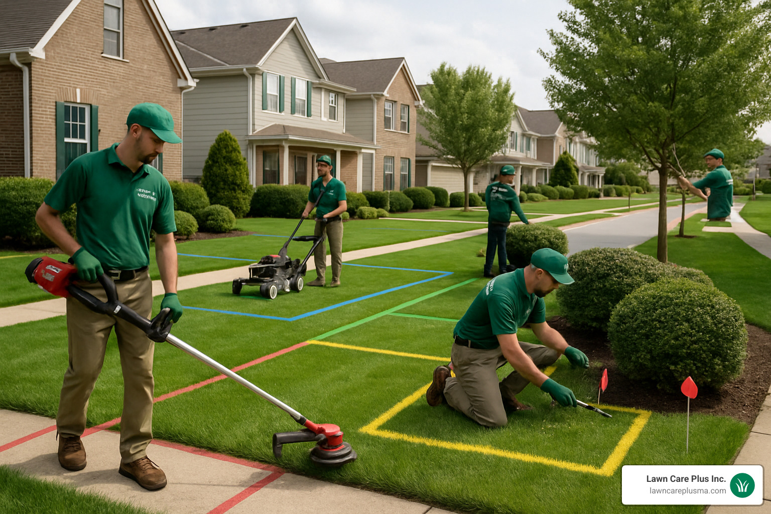 HOA landscaping of common areas, crew at work, mapped service zones - landscape maintenance service agreement