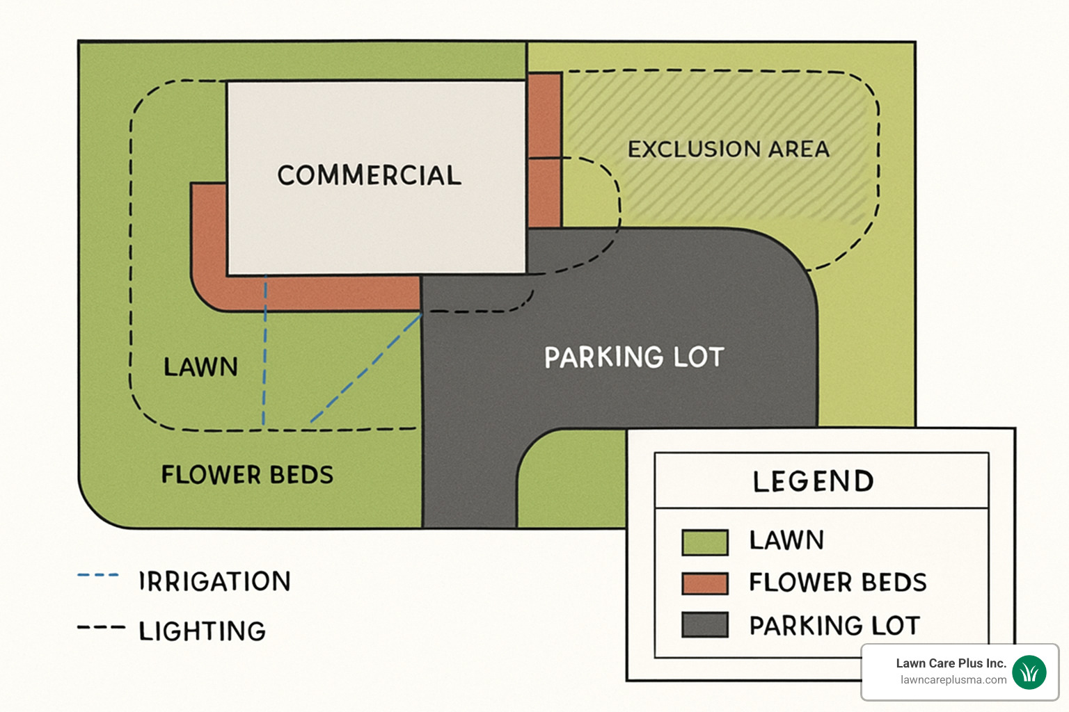 property map diagram showing service zones, exclusion areas, and utility lines - landscape maintenance service agreement