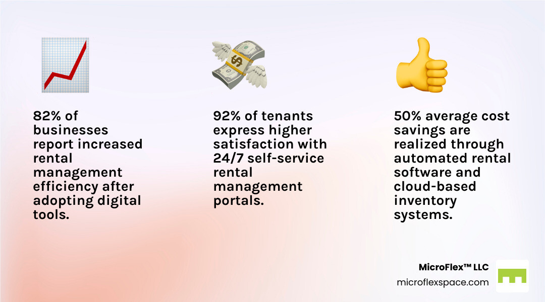 Rental Technology Adoption Rates showing increased efficiency metrics, cost savings percentages, and satisfaction ratings from businesses using digital rental management tools - Business rental solutions infographic 3_facts_emoji_light-gradient