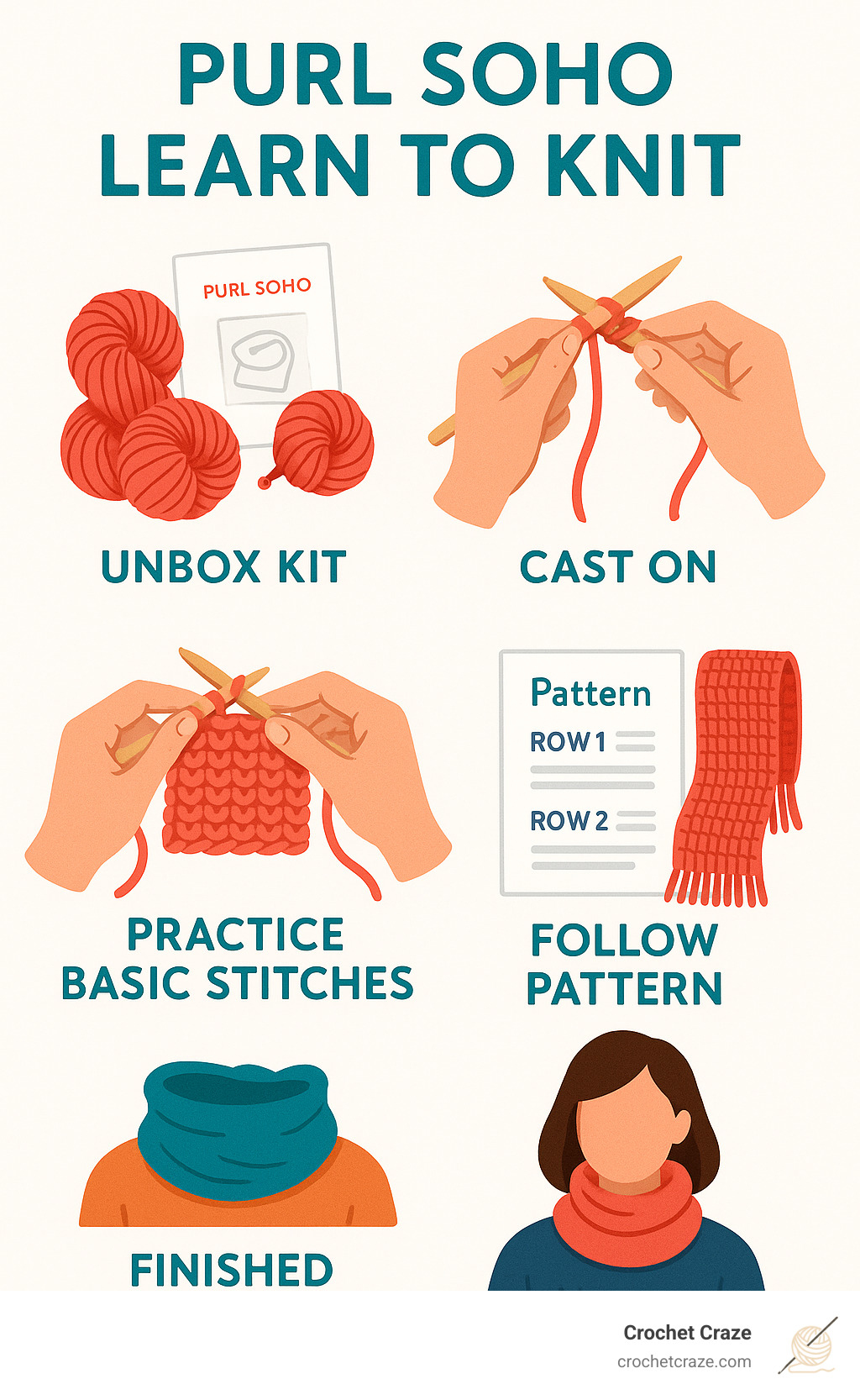 Step-by-step progression showing the Purl Soho Learn to Knit journey from unboxing kit contents through casting on, practicing basic stitches, following pattern instructions, to completing and wearing a finished scarf or cowl - purl soho learn to knit infographic