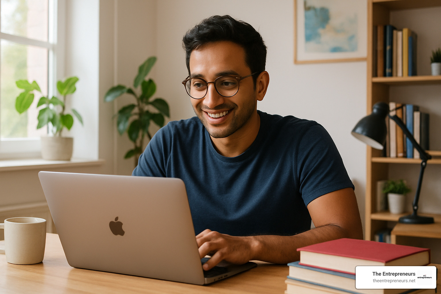 Ali Abdaal working at desk with laptop - personal development books