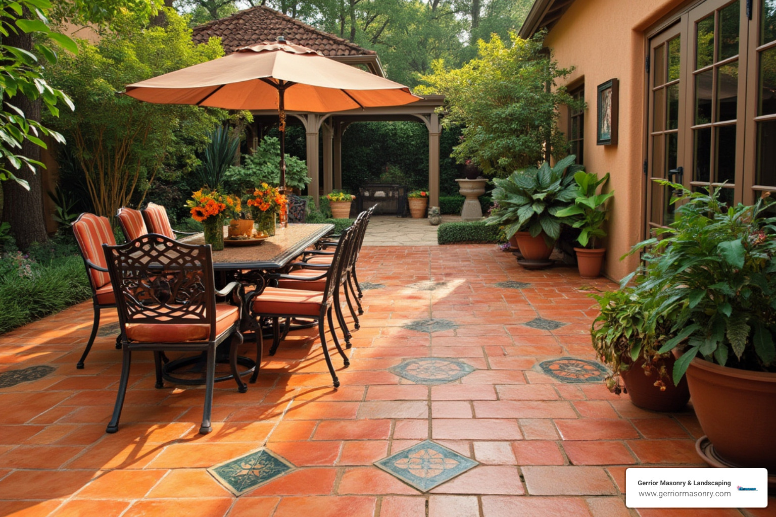 terra cotta tile patio with dining area and Mediterranean styling - patios designs