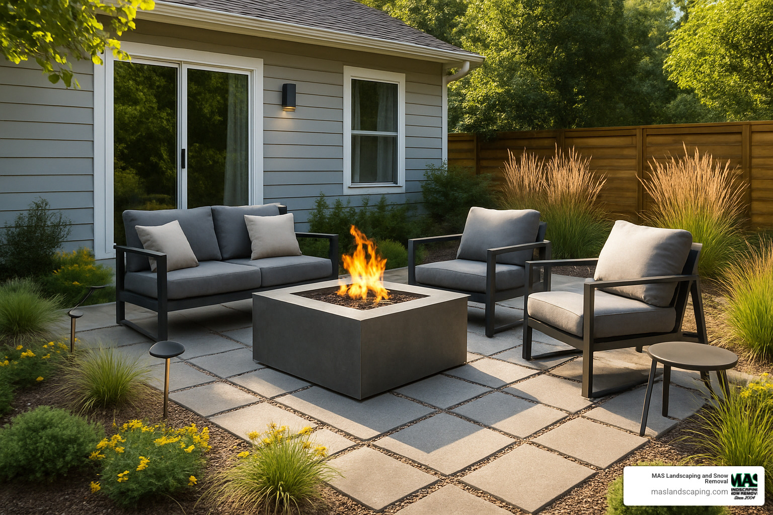 modern outdoor patio with fire pit and sustainable landscaping - residential landscaping services