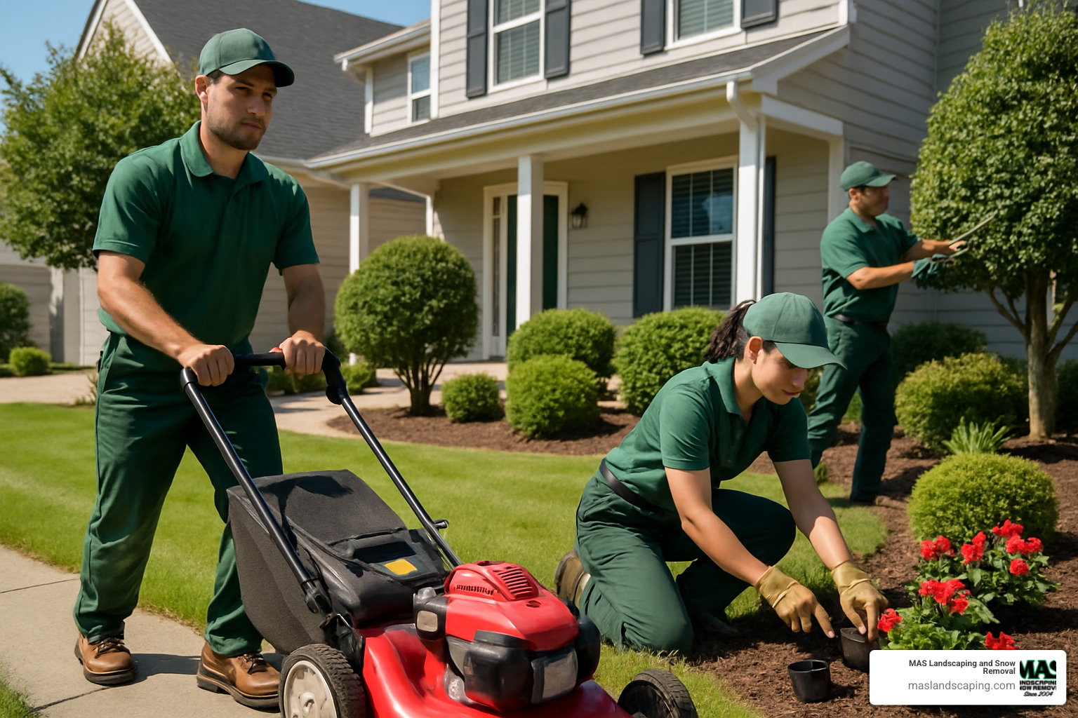 professional landscapers working on residential property - residential landscaping services
