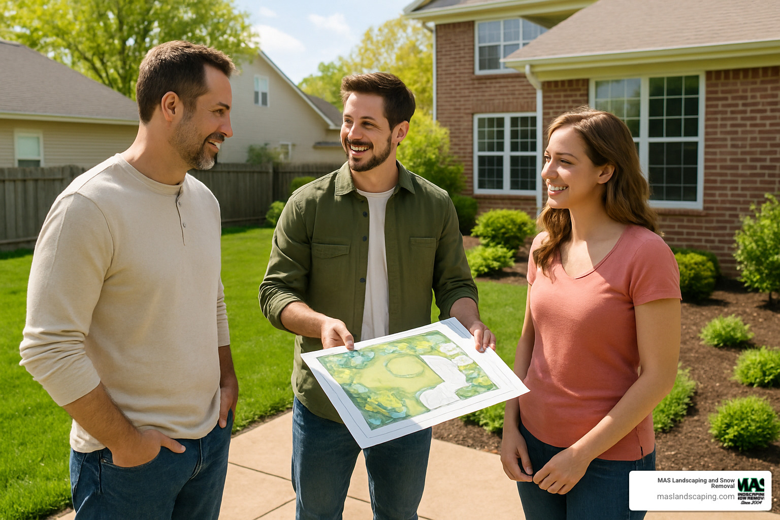landscape designer meeting with homeowners in their yard - residential landscaping services