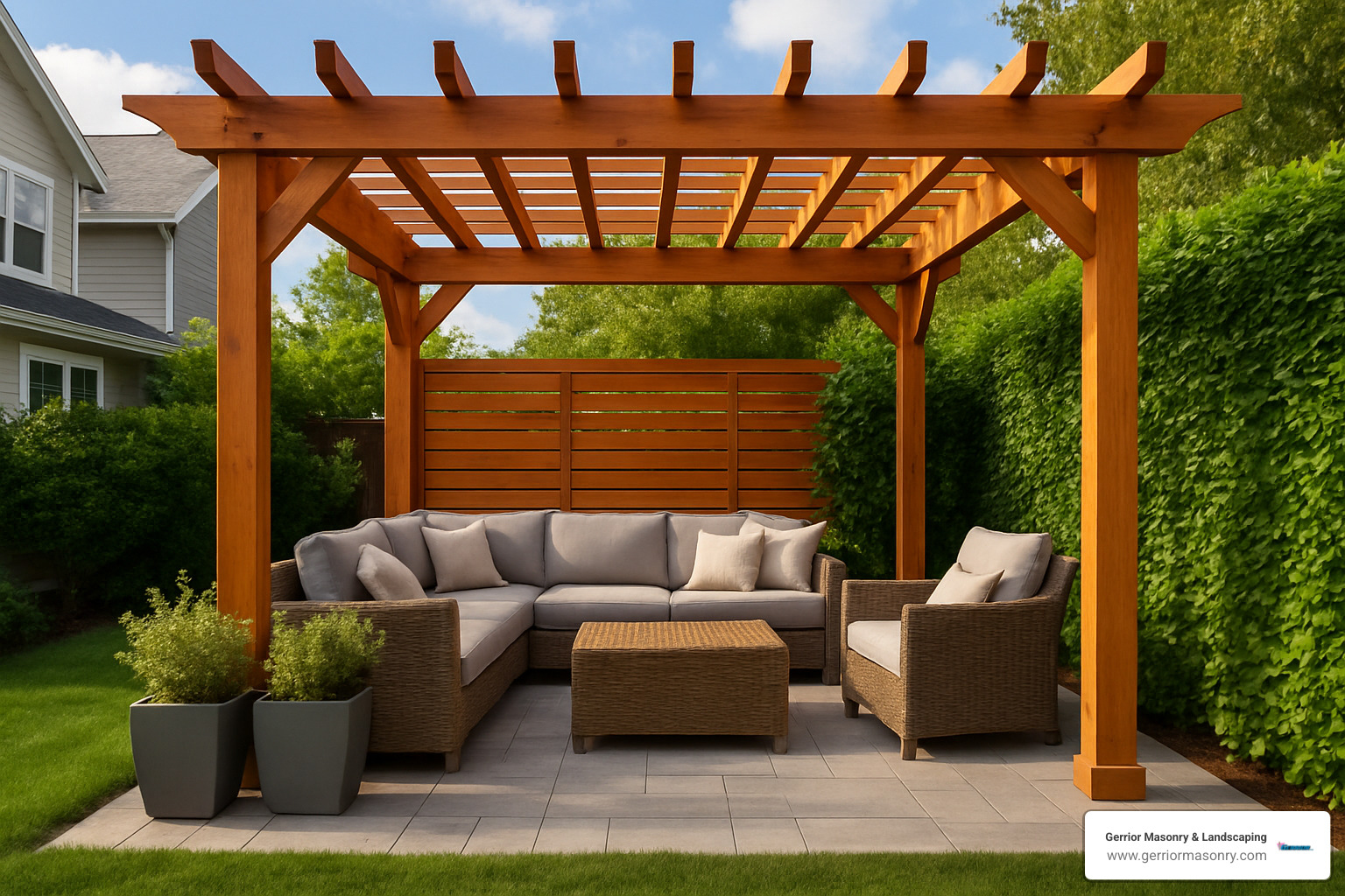 cedar pergola over outdoor lounge area with privacy screen - patios designs