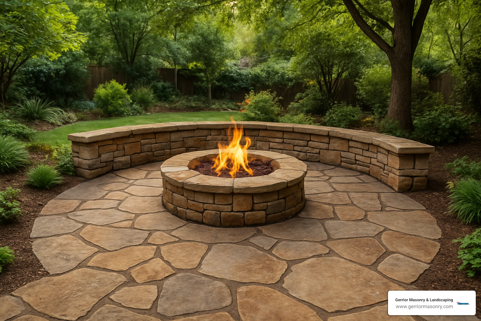 flagstone patio with built-in fire pit and stone seating wall - patios designs