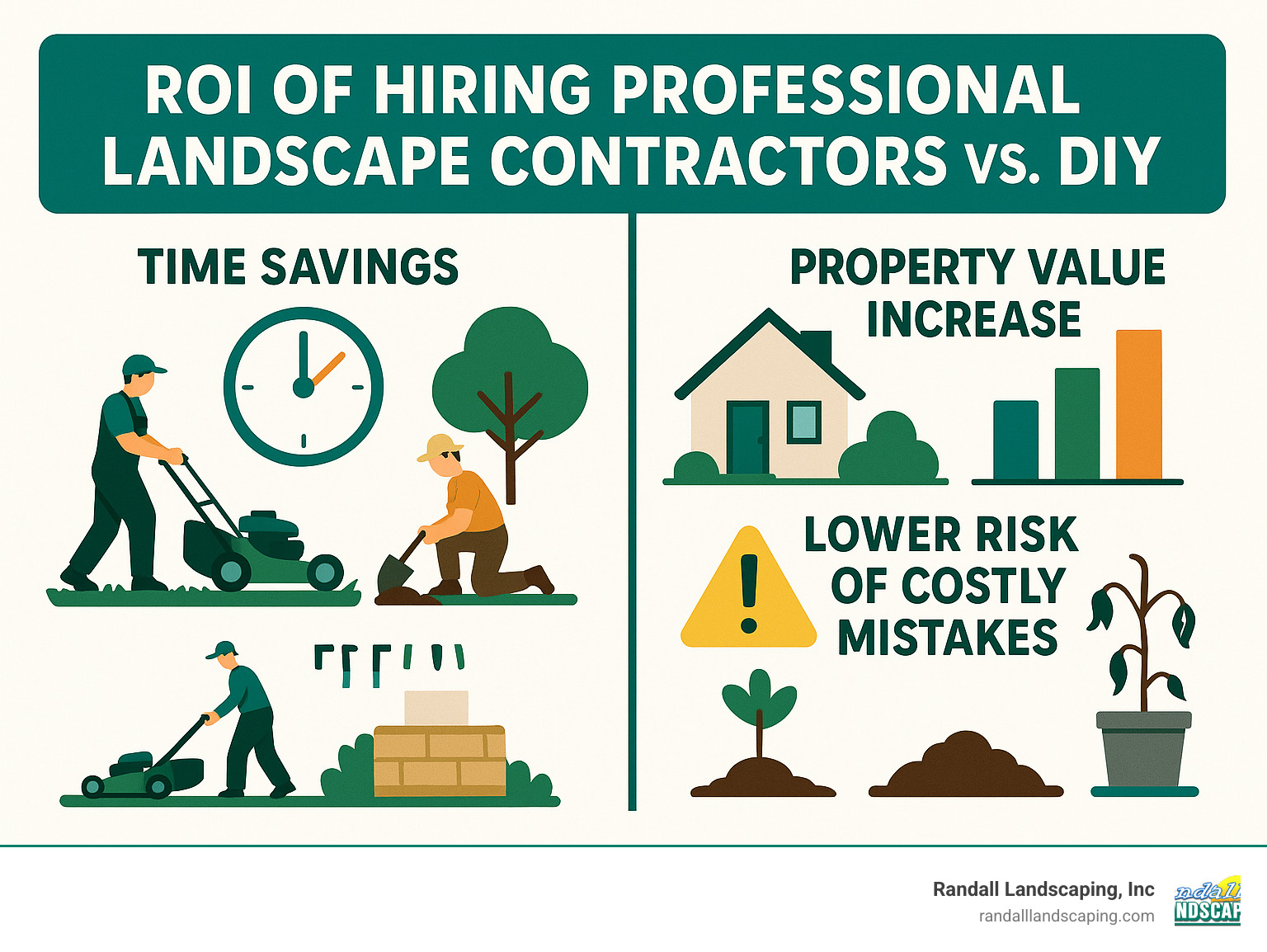 Infographic showing the ROI of hiring professional Landscape contractors Salem NH versus DIY, highlighting time savings, property value increase, and lower risk of costly mistakes. - Landscape contractors Salem NH infographic 