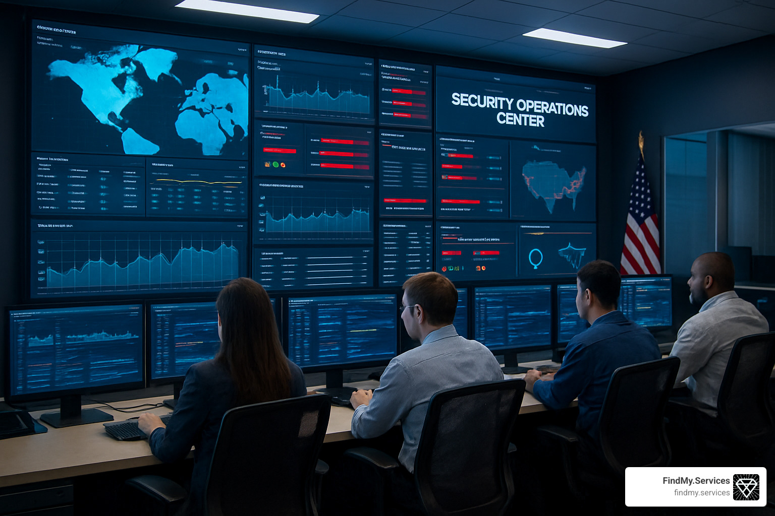 security operations center monitoring wall with multiple screens - Cloud computing services Austin
