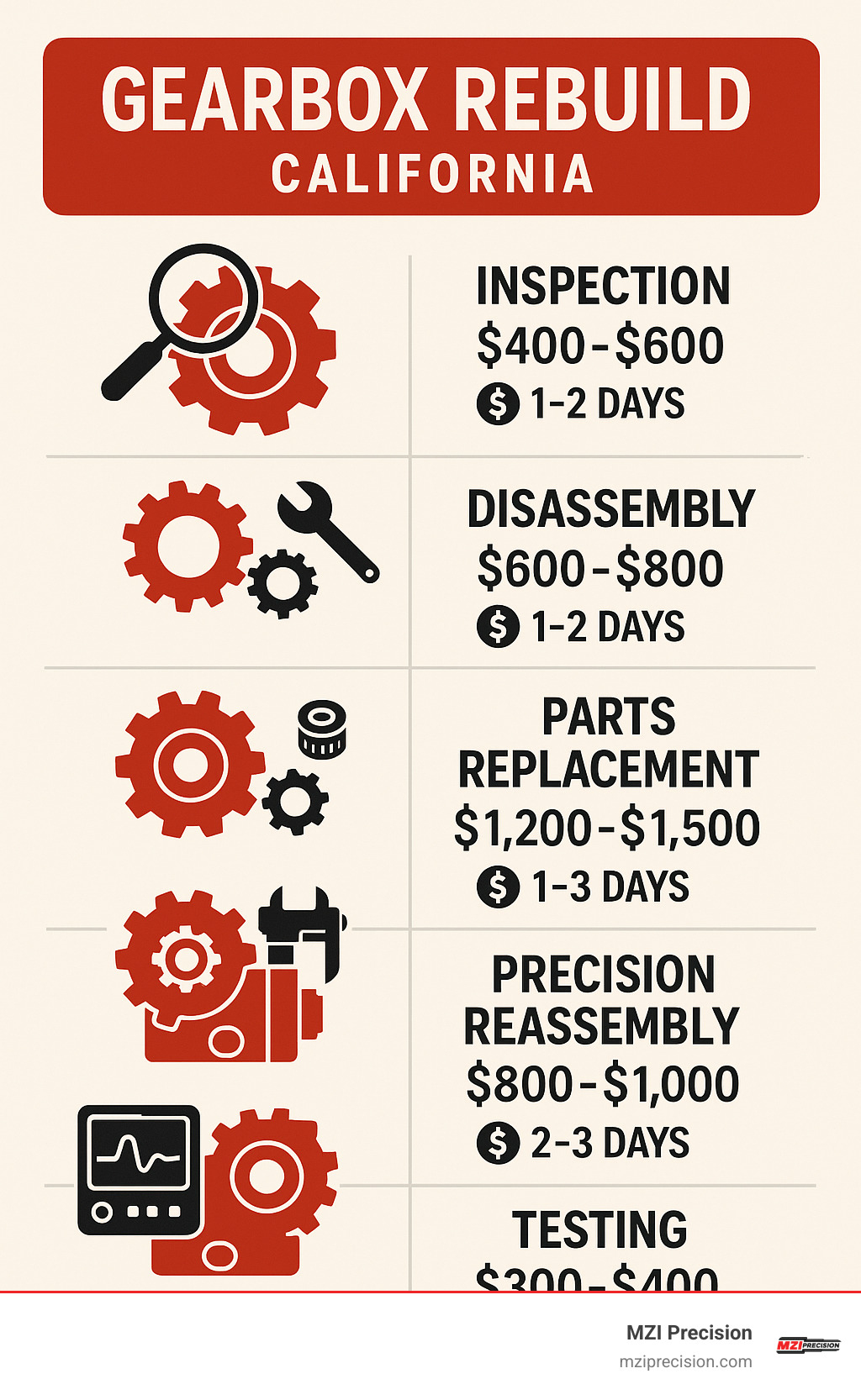 Detailed infographic showing gearbox rebuild process steps including inspection, disassembly, parts replacement, precision reassembly, and testing with average California costs and timeframes for each step - gearbox rebuild california infographic