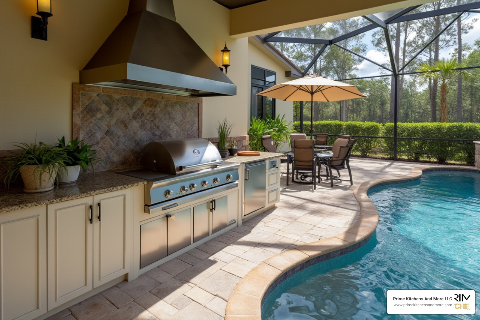 outdoor kitchen contractors orlando - poolside luxury build with granite, HDPE cabinets, and pizza oven in Central Florida - outdoor kitchen contractors orlando