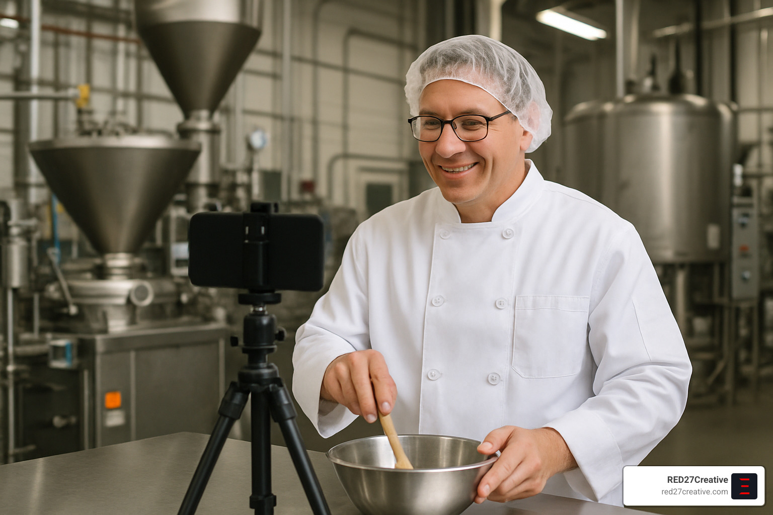 How to Master SEO for Your Food Manufacturing Company • seo for food manufacturing companies • RED27Creative chef recording a food demo video in processing plant - seo for food manufacturing companies