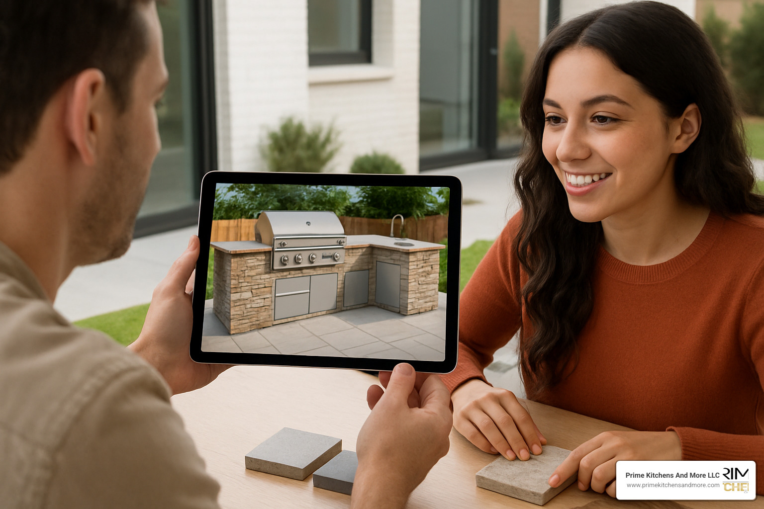3D rendering of an outdoor kitchen design on a contractor's tablet, with clients reviewing layout and material options. - outdoor kitchen contractors orlando