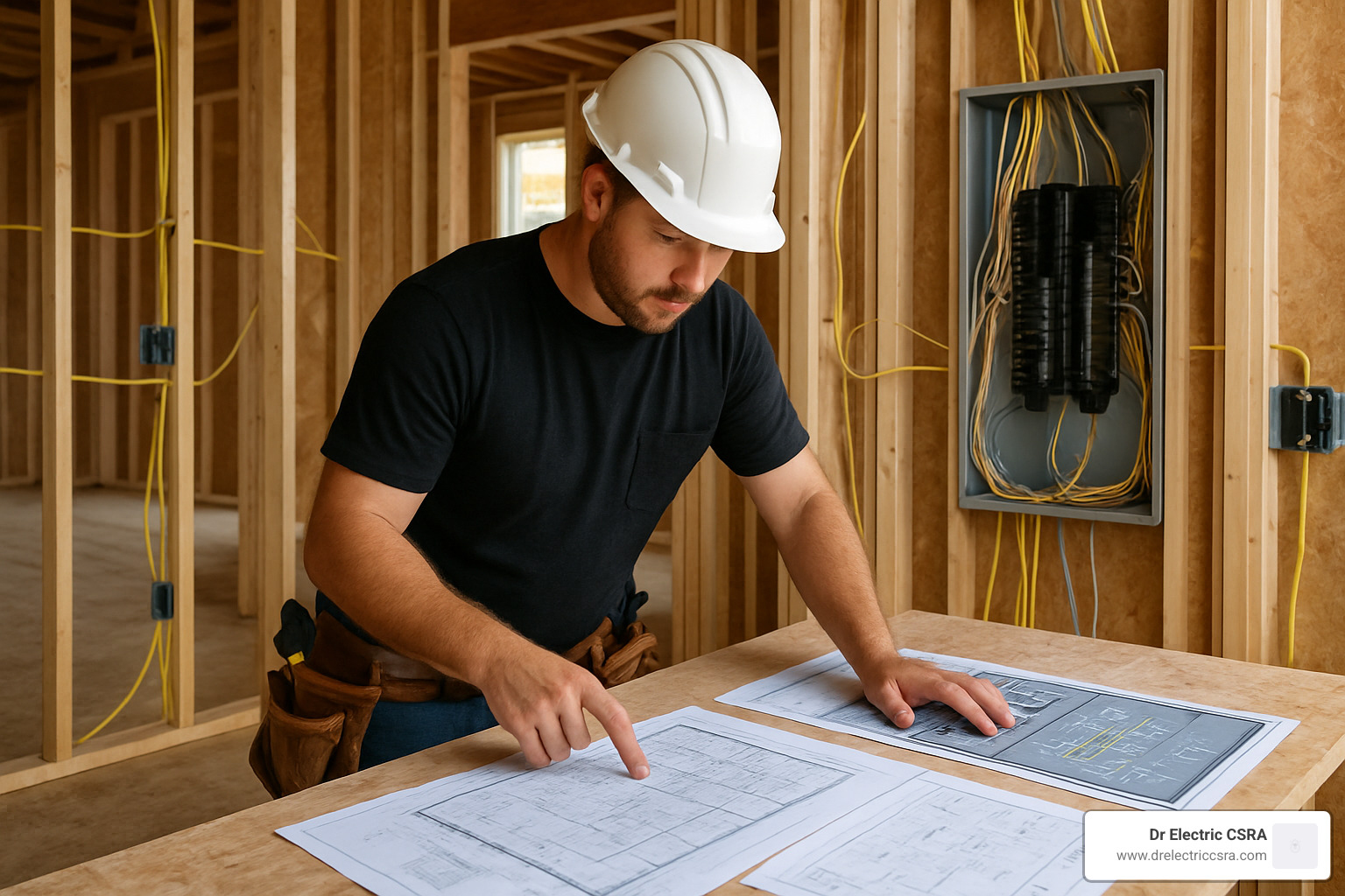 Man in a hard hat analyzing electrical plans on a table in a custom home construction site, with visible wiring and an electrical panel in the background, highlighting the role of a custom home electrician.
