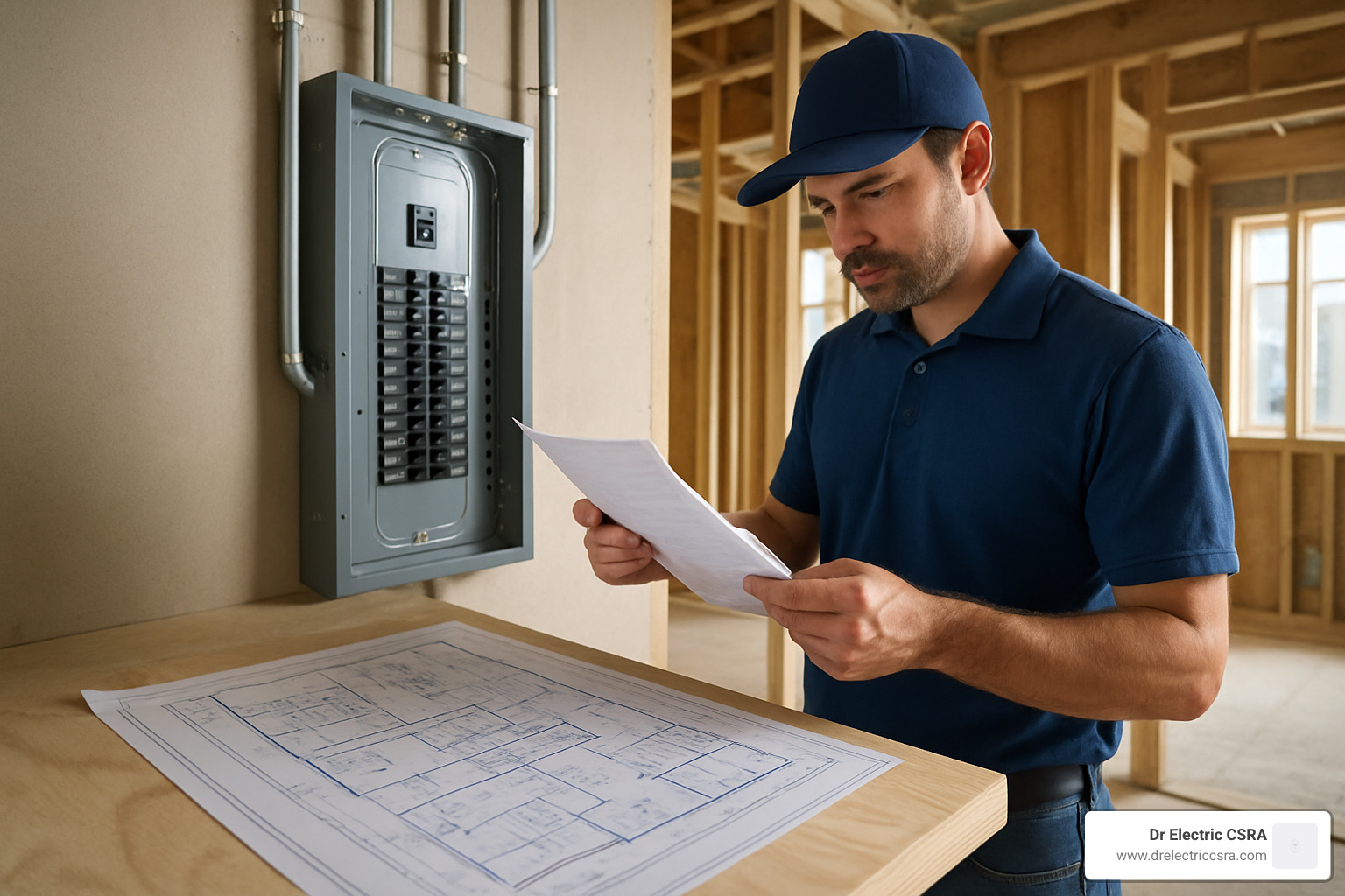 Electrician reviewing electrical plans and panel installation in custom home construction setting.