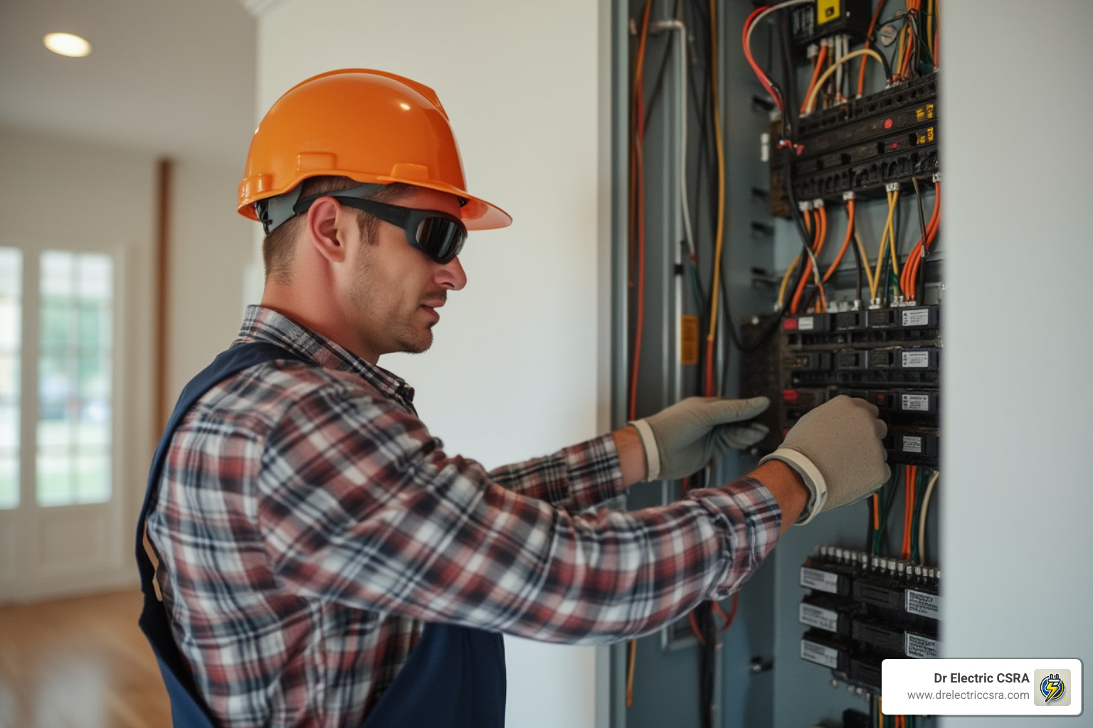 Electrician in an orange hard hat and gloves working on a residential electrical panel, emphasizing custom electrical solutions for home planning and installation.