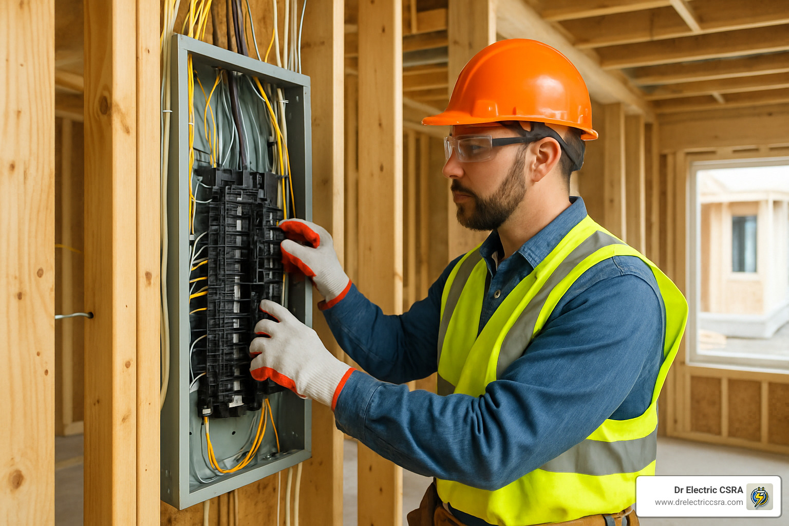 Electrician adjusting a 200-amp electrical panel in a custom home under construction, emphasizing the importance of proper electrical system design for functionality and future upgrades.