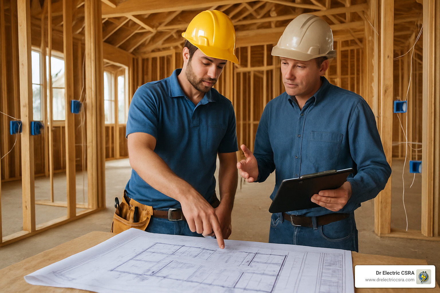 Two electricians discussing architectural plans on a construction site, emphasizing collaboration for custom home electrical design and installation.
