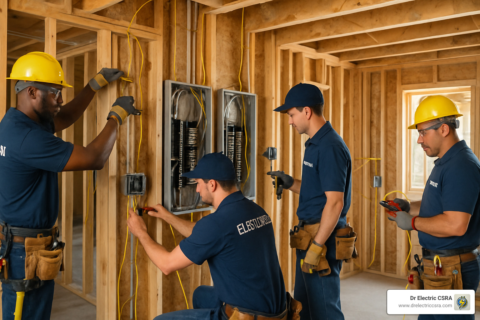 Electricians installing wiring and electrical panels in a custom home under construction, emphasizing expertise in residential electrical systems.