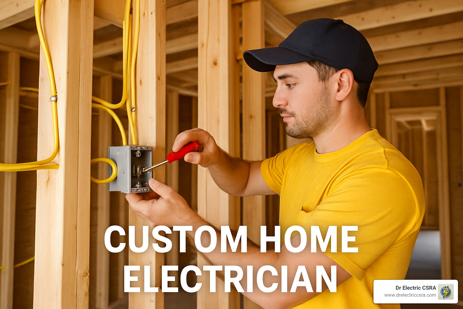 Electrician installing wiring in a custom home, emphasizing pre-wiring and electrical panel upgrades for future technology.