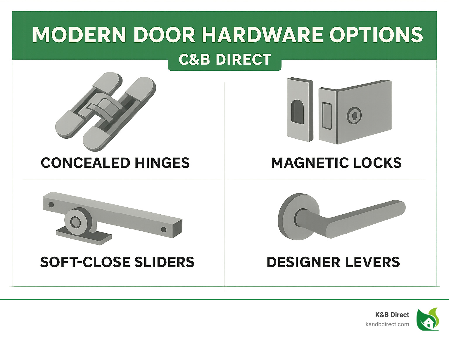infographic: Modern door hardware options – concealed hinges, magnetic locks, soft-close sliders, designer levers - Modern Interior Doors infographic