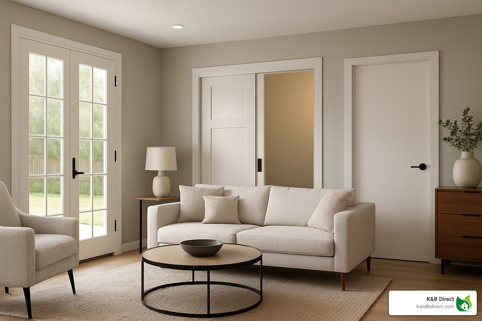 modern interior doors in open-plan living room, with glass panel, pocket, and slab styles on display - Modern Interior Doors