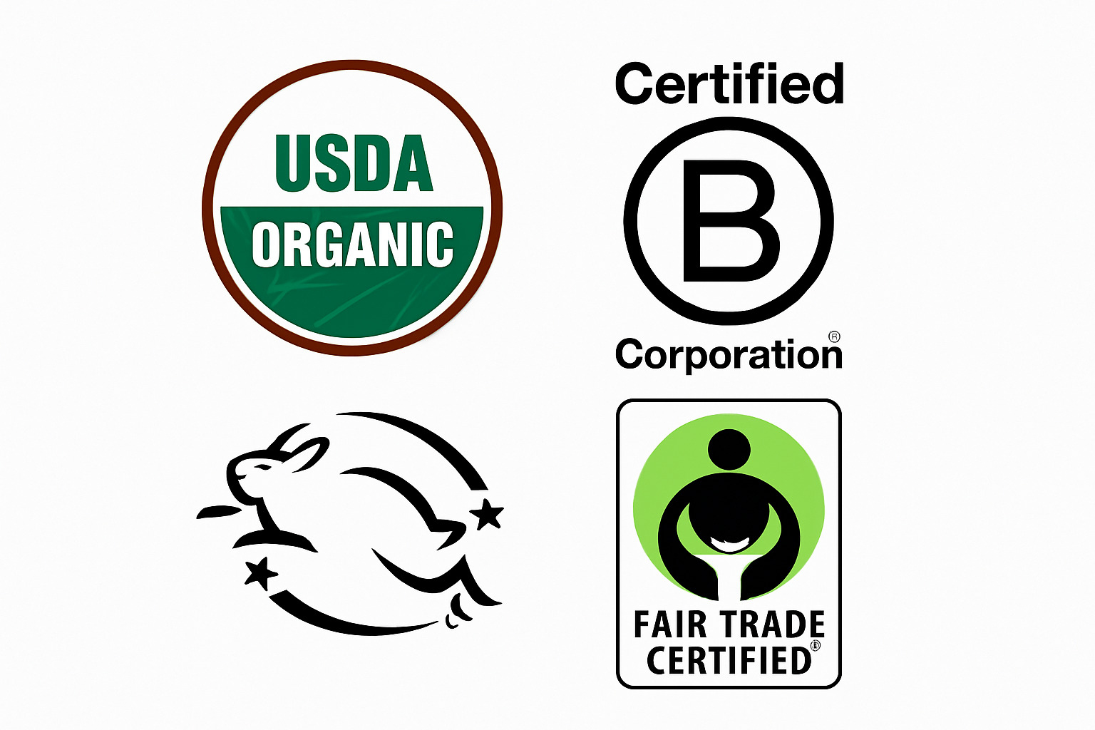 certification logos including USDA Organic, B-Corp, Leaping Bunny, and Fair Trade - eco-friendly wellness
