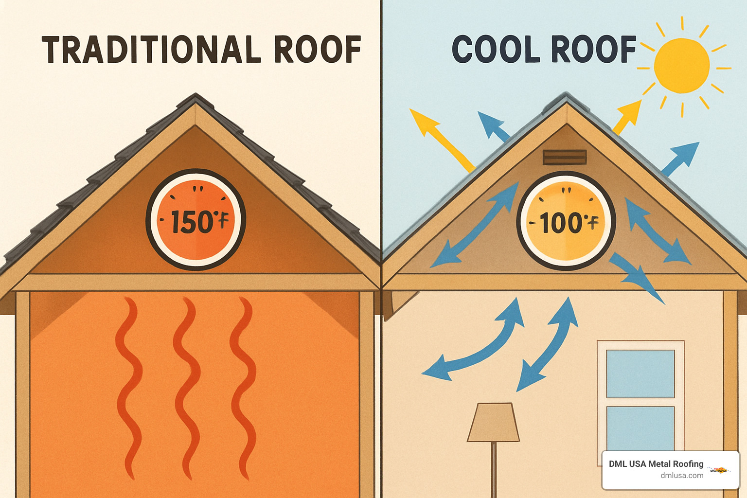 Hot attic temperature comparison between traditional and cool roofing - roof replacement and energy savings