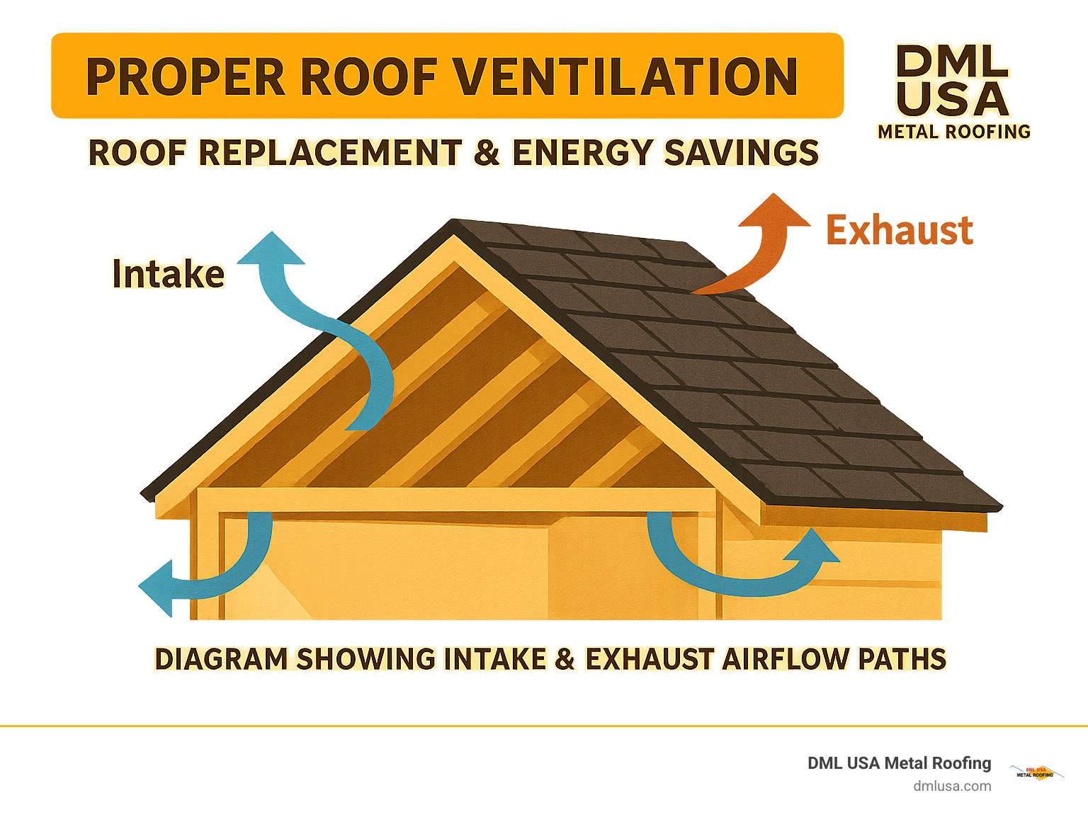 Diagram showing proper roof ventilation with intake and exhaust airflow paths - roof replacement and energy savings infographic 