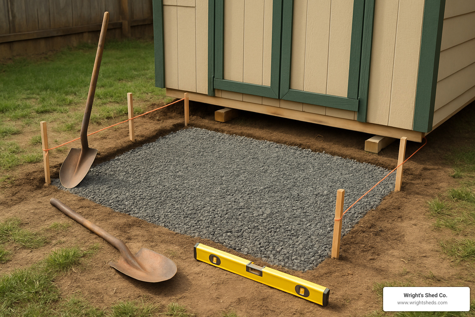 Preparing the gravel foundation for a shed with an entry ramp, ensuring level ground. Focus on shed ramp setup.