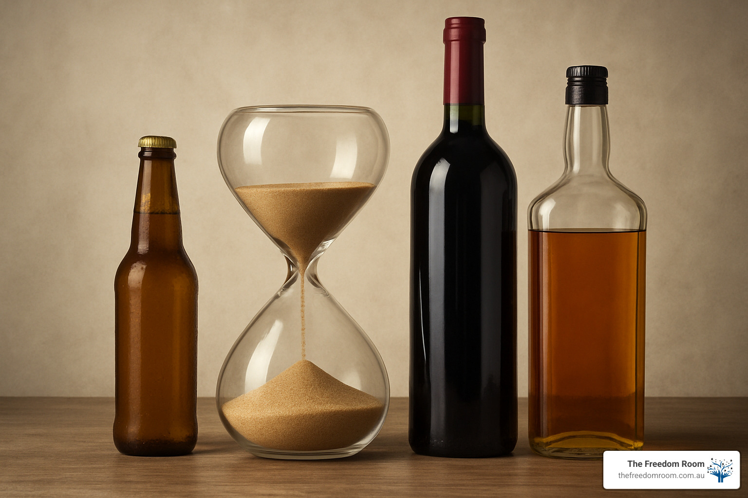 hourglass and bottles showing progression of alcohol dependence - how long does it take to develop alcohol dependence