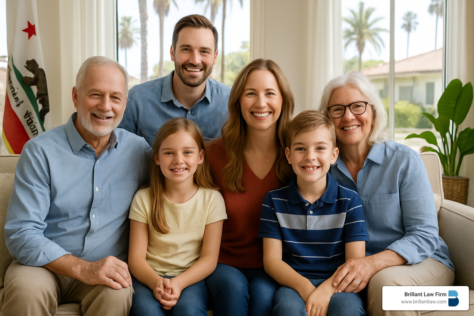 Happy multigenerational family at home, confident their estate is protected by Brillant Law Firm - California estate planning services