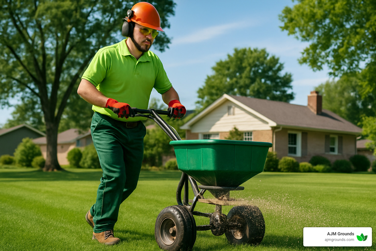 lawn being fertilized with professional spreader equipment - fertilization and pest control