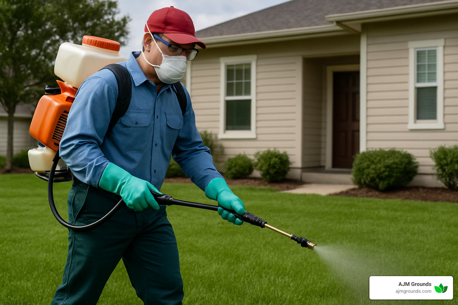 professional applying targeted pest control to a lawn - fertilization and pest control