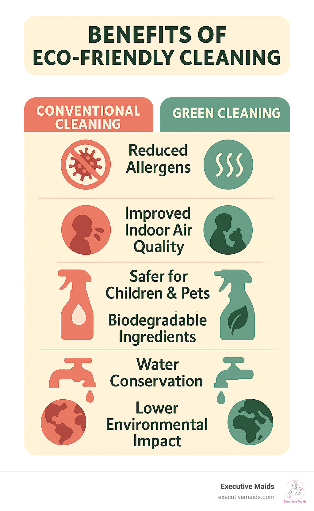 Benefits of eco-friendly cleaning showing comparison between conventional and green cleaning methods, including reduced allergens, improved indoor air quality, safer for children and pets, biodegradable ingredients, water conservation techniques, and lower environmental impact - eco friendly cleaning philadelphia infographic 