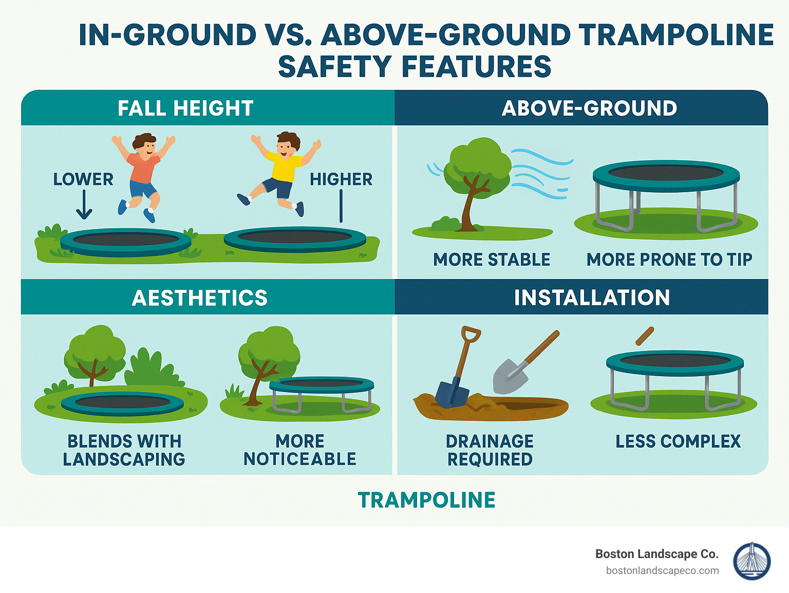 Comparison of in-ground vs above-ground trampoline safety features showing fall height differences, wind resistance capabilities, aesthetic integration with landscaping, and installation complexity with drainage requirements - best in ground trampoline infographic