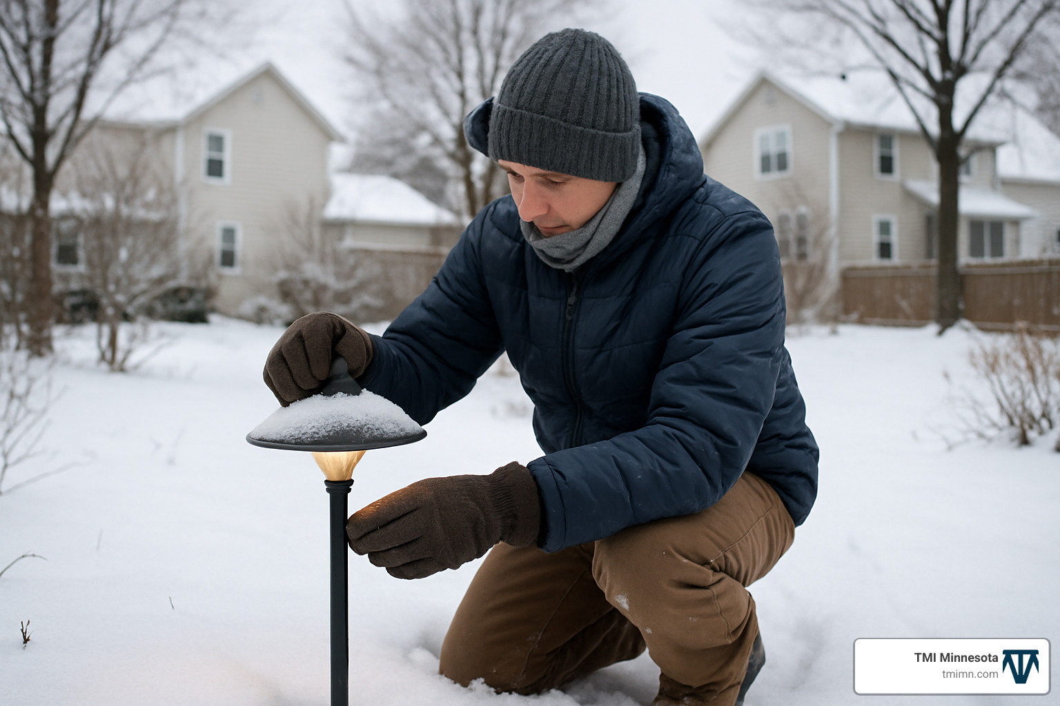 Person performing winter maintenance check on garden lighting system - Garden lighting installation